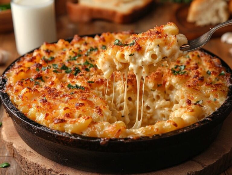 Cheesy, golden-brown Tinis Mac and Cheese in a skillet.