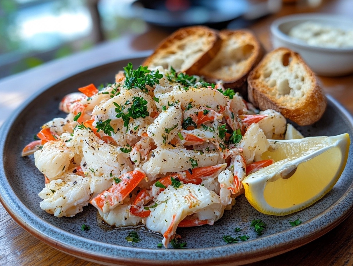 Authentic Basque crab salad served with crusty bread and lemon.