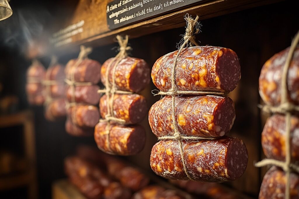  Hanging beef pepperoni sausages in a curing chamber