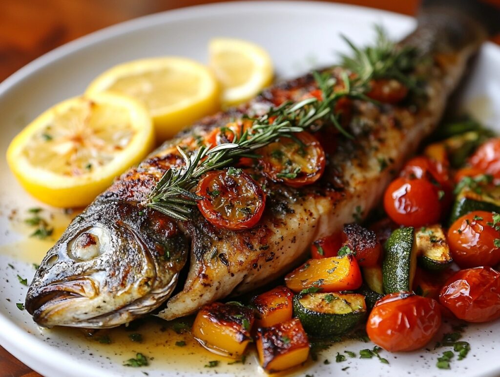 Whole roasted bronzini with herbs and vegetables on a plate.