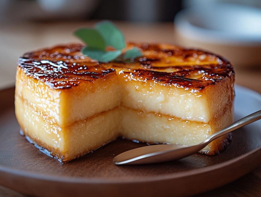Venezuelan quesillo dessert with caramel topping on a wooden plate.