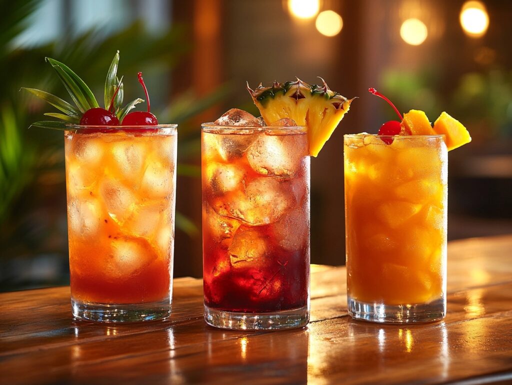 Different variations of the Malibu Bay Breeze cocktail with tropical garnishes