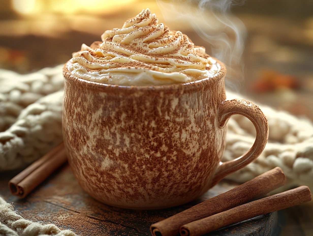 Steaming cup of milky cocoa with whipped cream on a wooden table.