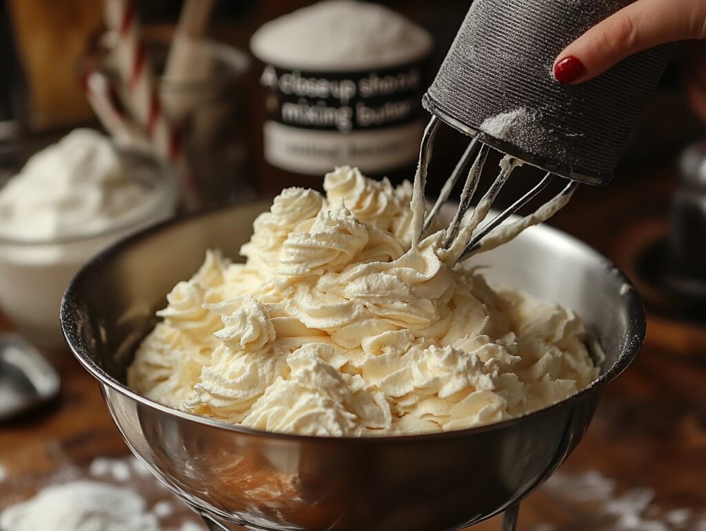 Whipped butter icing being mixed in a bowl.