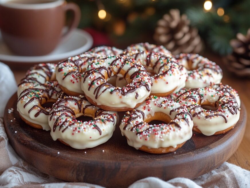 A platter of white chocolate covered pretzels with chocolate drizzle