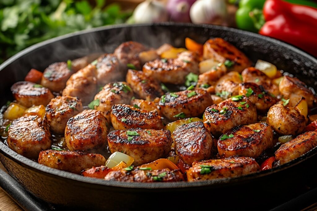 Andouille sausage and chicken browning in a cast-iron pot.