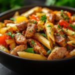 Hearty bowl of pastalaya with sausage, chicken, and Cajun spices.