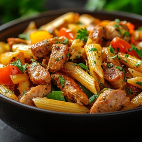 Hearty bowl of pastalaya with sausage, chicken, and Cajun spices.