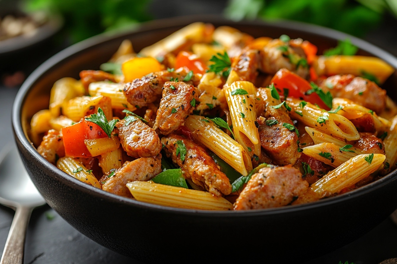 Hearty bowl of pastalaya with sausage, chicken, and Cajun spices.