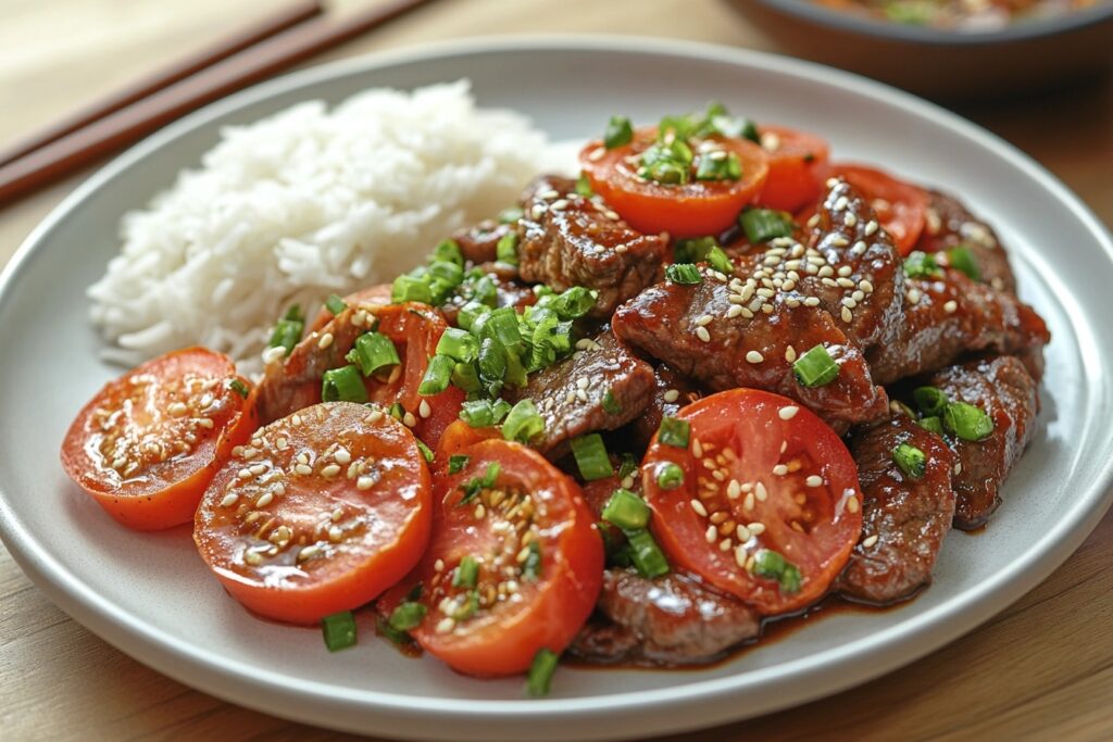 A close-up shot of beef tomato stir-fry with tender beef slices and juicy tomatoes.