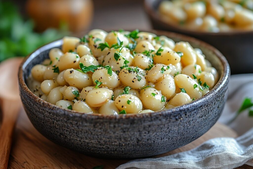 Steaming bowl of creamy cooked lima beans garnished with parsley.