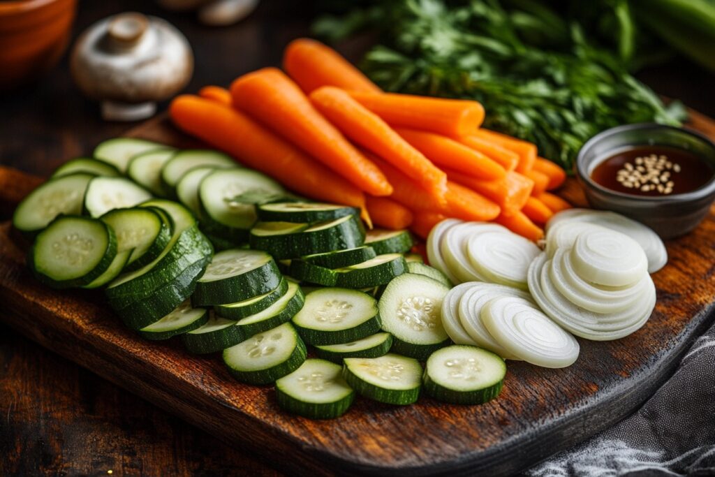 Freshly chopped hibachi-style vegetables, including zucchini, onions, carrots, and mushrooms, ready for cooking.