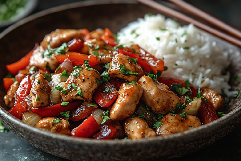 Spicy serrano pepper chicken stir-fry with vegetables