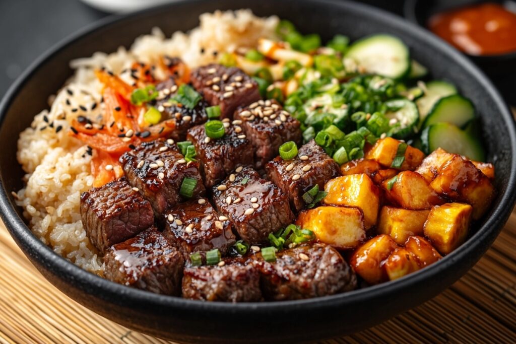  Plated Hibachi Steak Bowl with garnishes and sauce