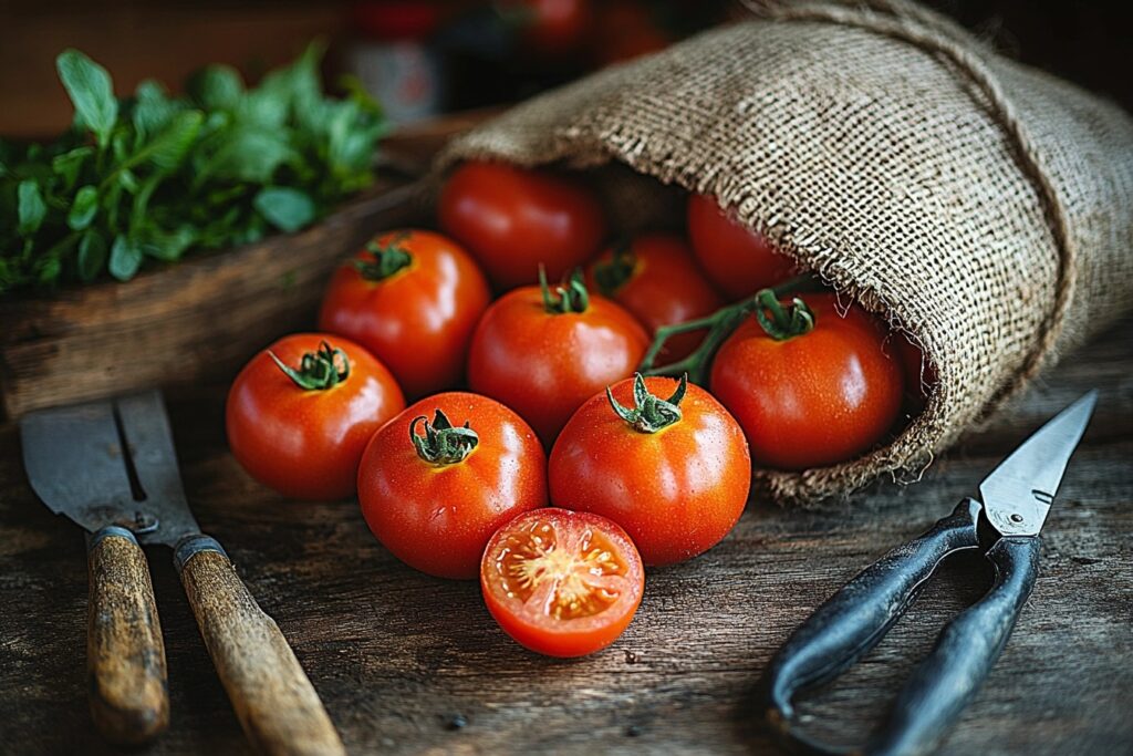 Freshly harvested beef tomatoes on a rustic wooden table with gardening tools.