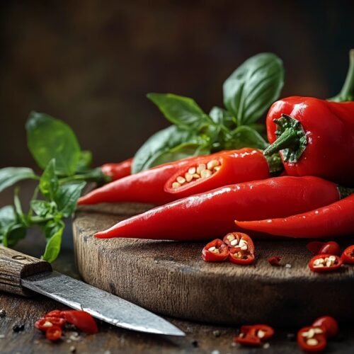 Fresh serrano peppers on a wooden surface with a knife