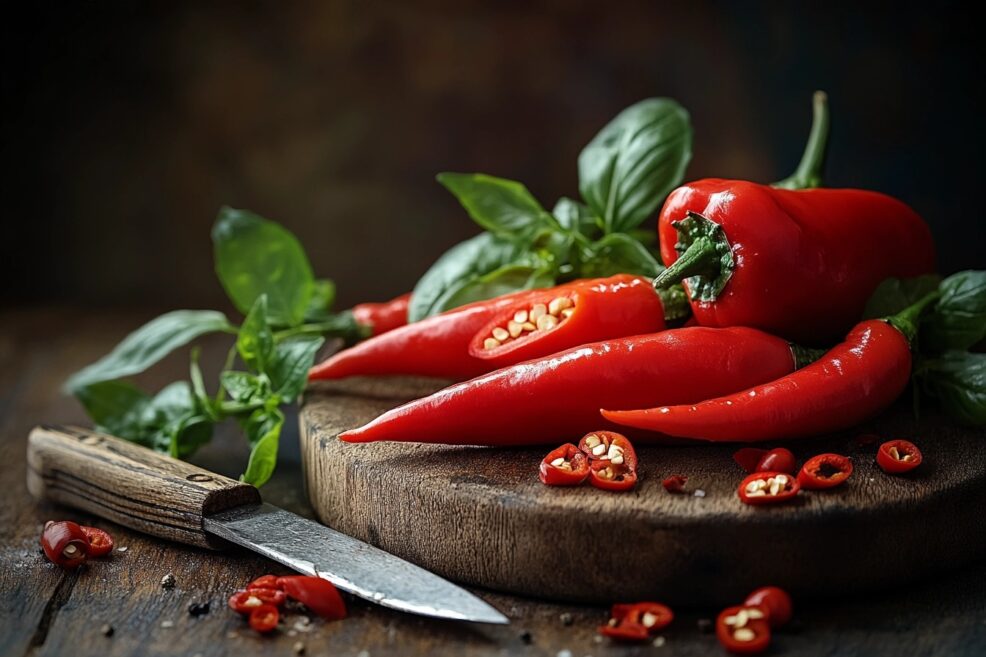 Fresh serrano peppers on a wooden surface with a knife