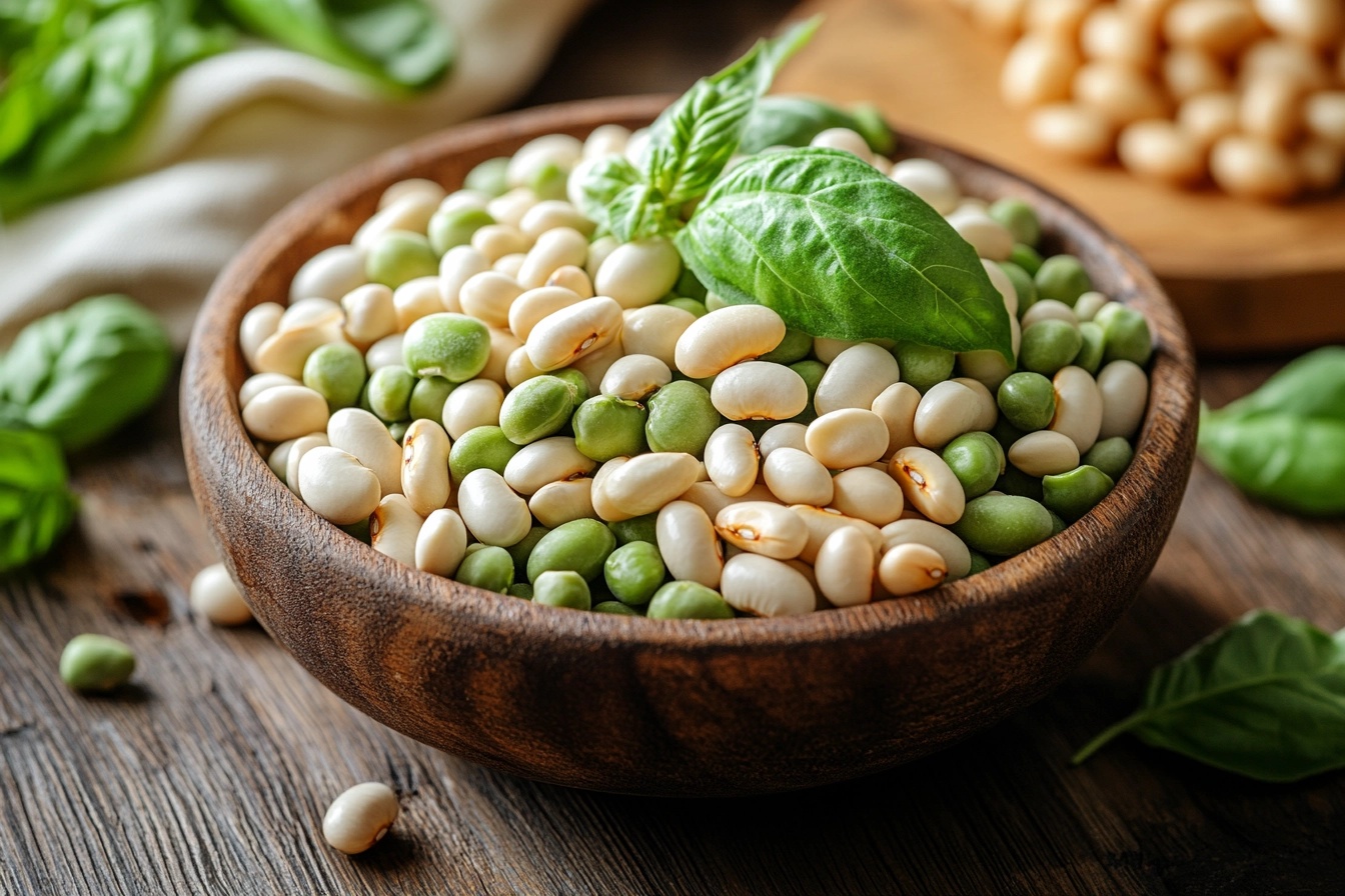 Bowl of fresh and dried lima beans on a wooden counter.