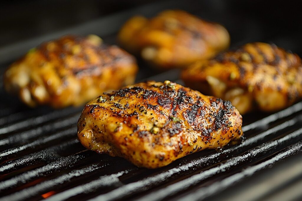 Grilled jerk chicken thighs on the grill