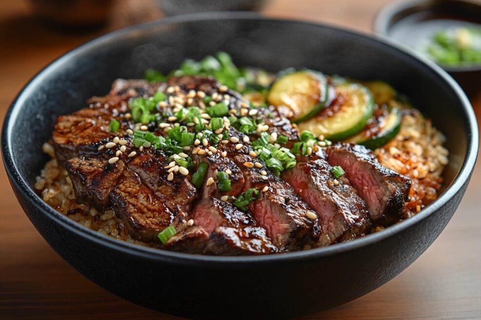 Hibachi Steak Bowl with steak, vegetables, and fried rice