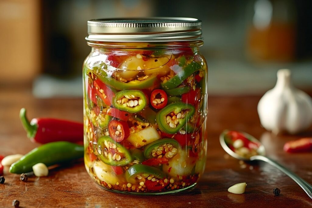 Glass jar of pickled serrano peppers with garlic and spices