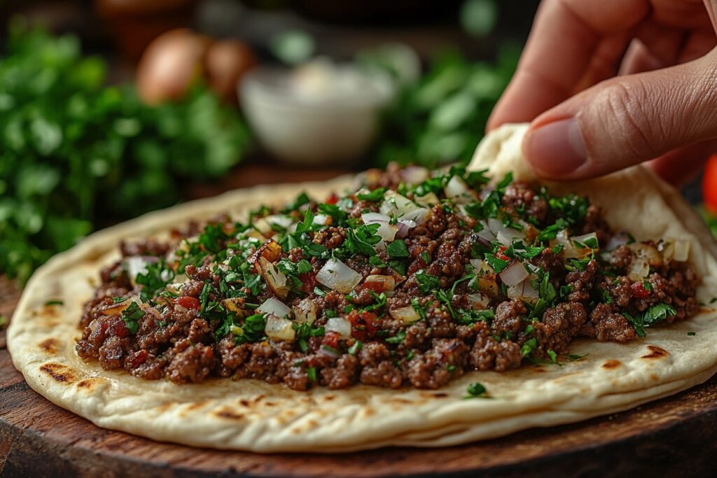 Stuffing pita bread with spiced ground beef for Arayes