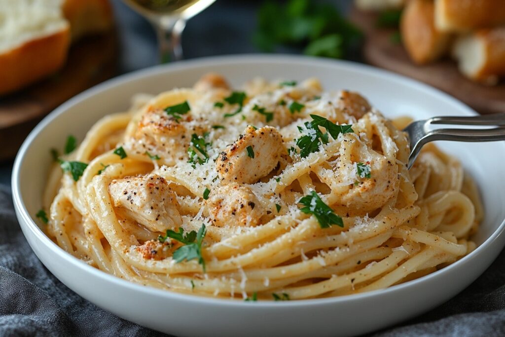 A plated serving of Crock Pot Cajun Chicken Pasta with parsley.