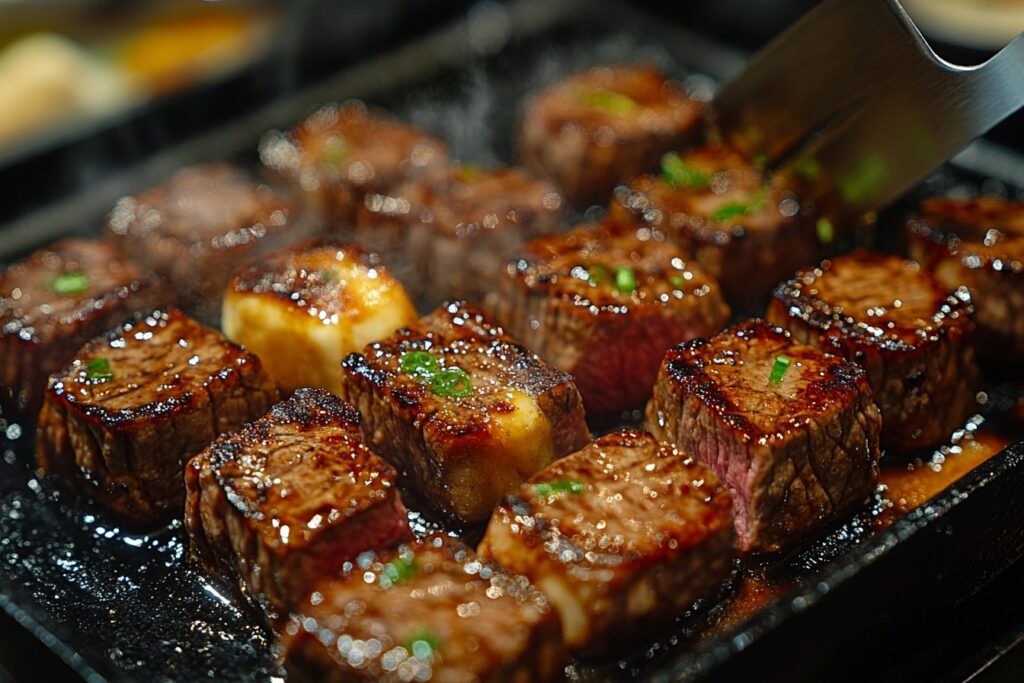 Steak cubes sizzling in a hot skillet for Hibachi Steak Bowls