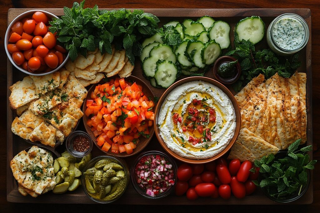 Arayes served with tahini, hummus, and pickles on a dinner table