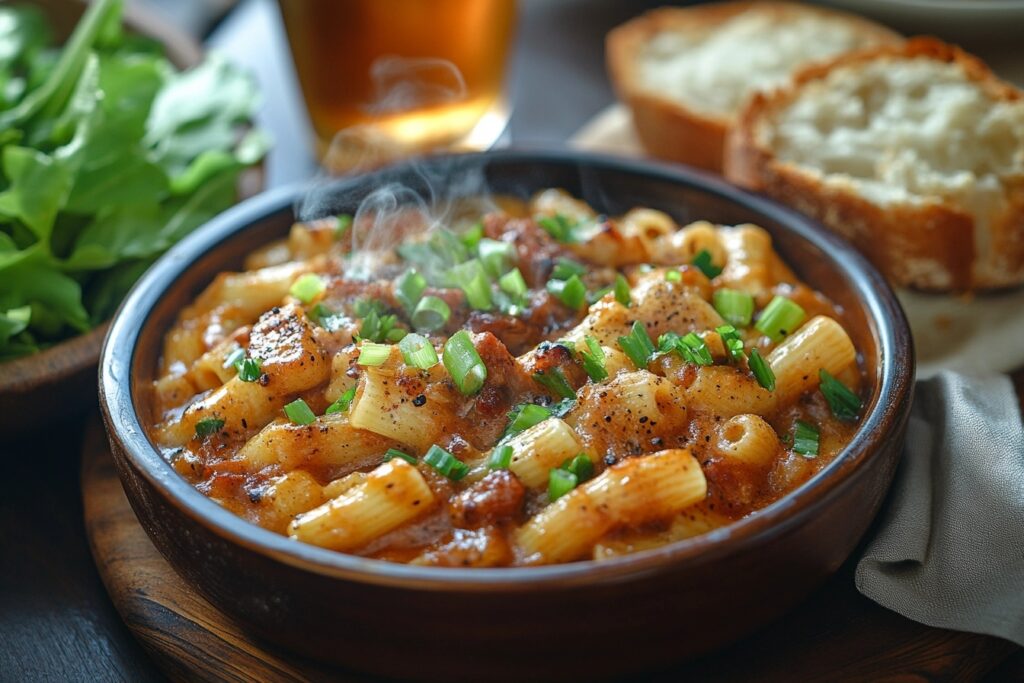 A plate of pastalaya served with garlic bread and salad.