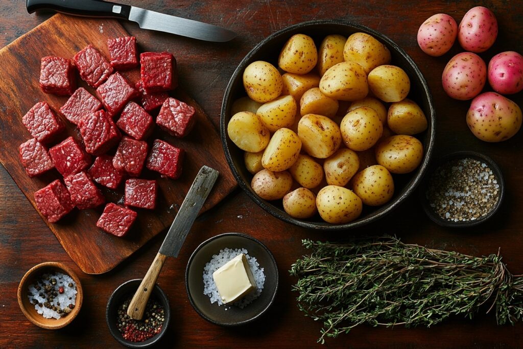  Ingredients for Slow Cooker Garlic Butter Beef Bites & Potatoes.