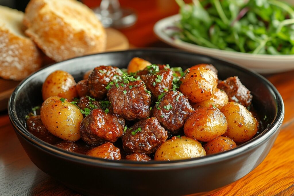 Slow Cooker Garlic Butter Beef Bites & Potatoes served with salad.