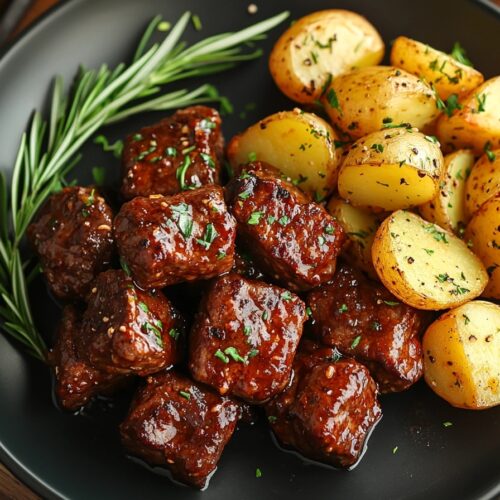 Slow Cooker Garlic Butter Beef Bites & Potatoes on a plate.