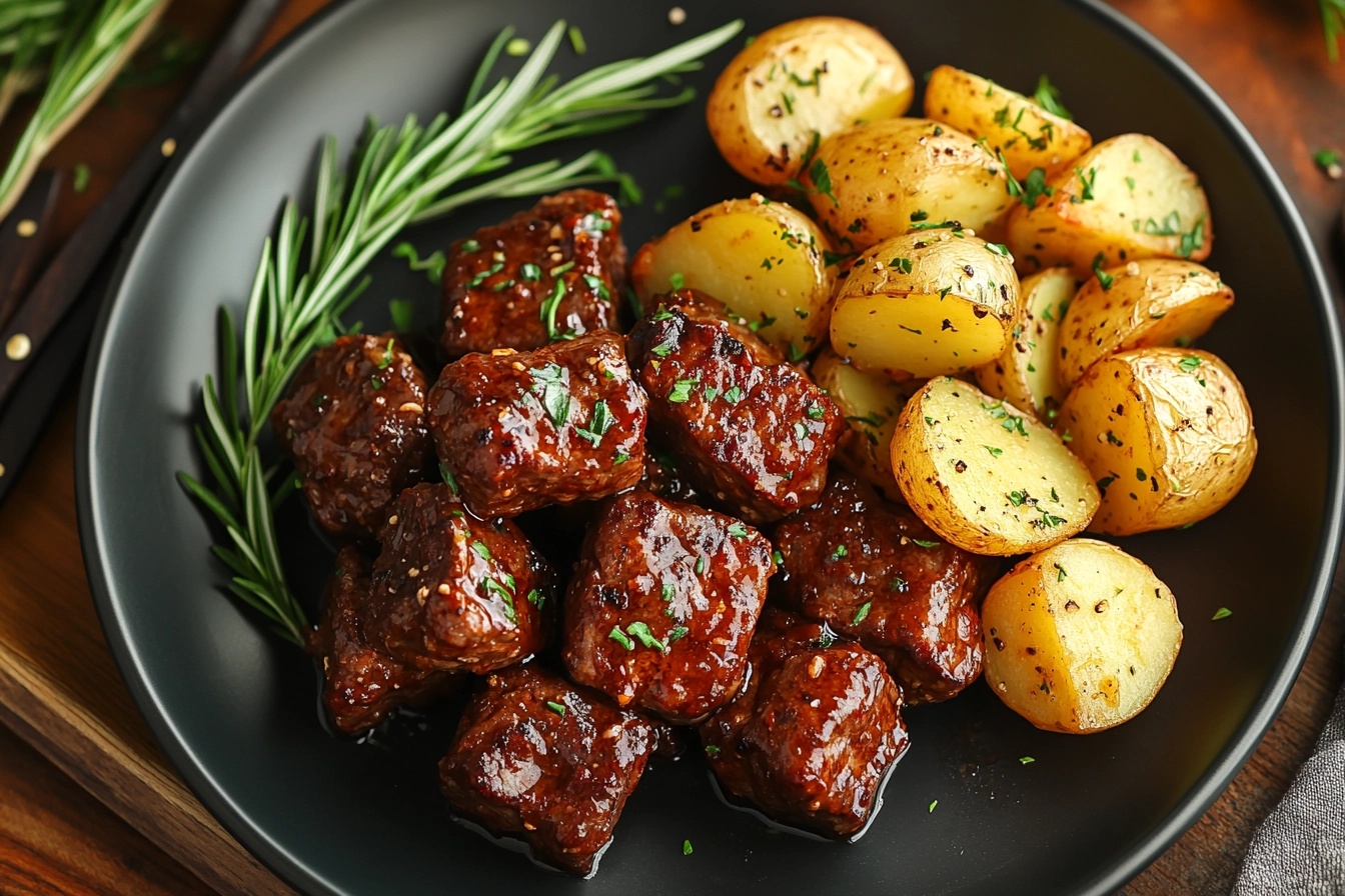 Slow Cooker Garlic Butter Beef Bites & Potatoes on a plate.