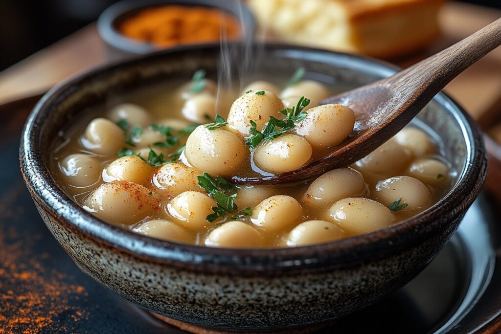  Cooked lima beans served in a rustic ceramic bowl.