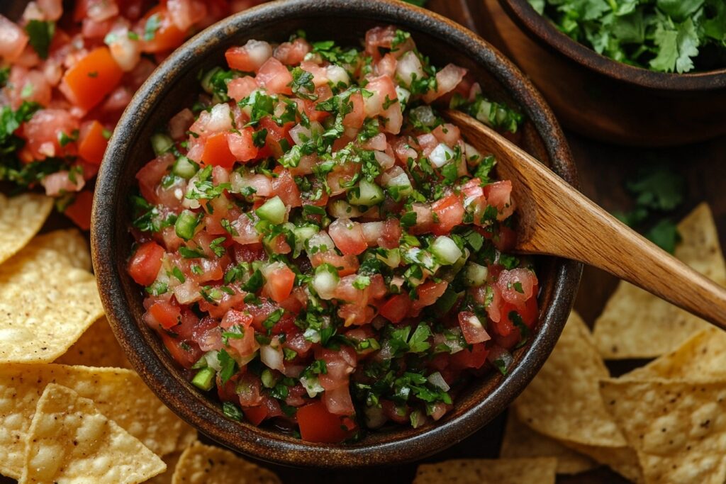 Bowl of homemade serrano pepper salsa with tortilla chips