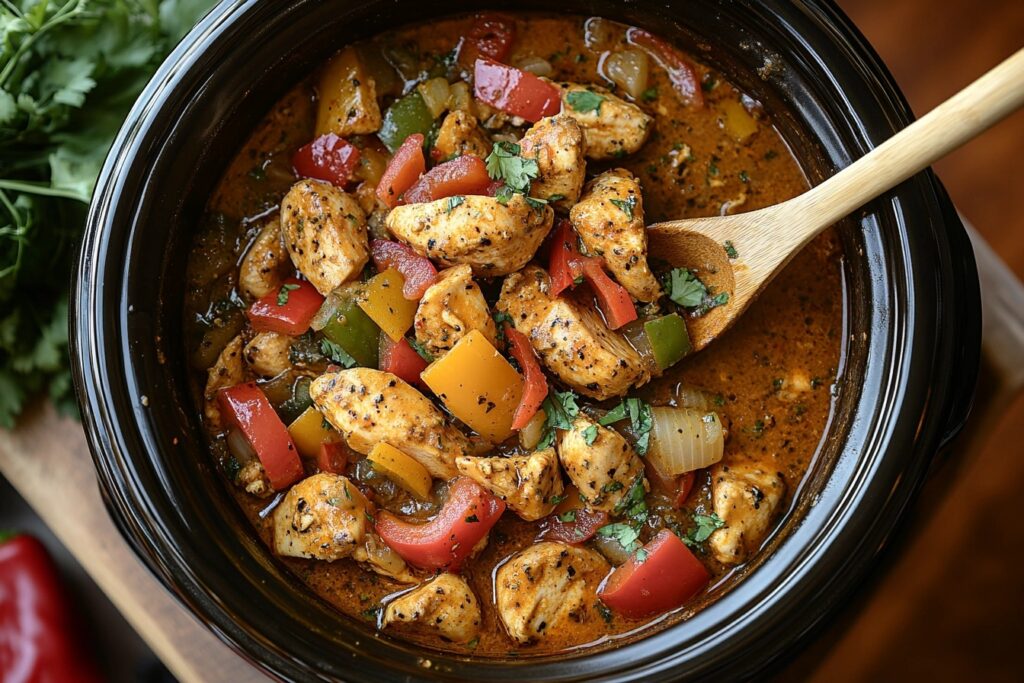  Crock pot filled with seasoned chicken, bell peppers, and broth.