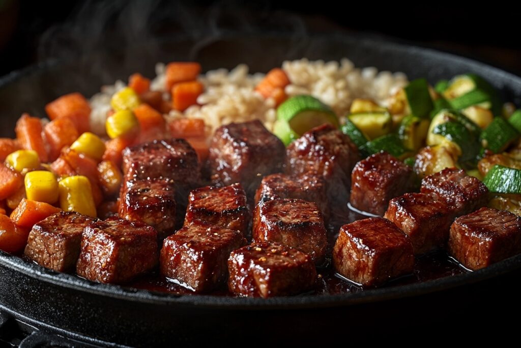 Step-by-step preparation of Hibachi Steak Bowls, from marinating steak to cooking vegetables and fried rice.