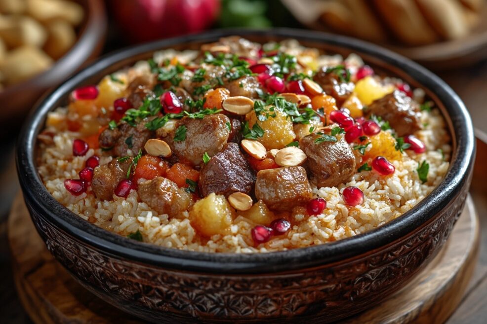 Authentic Terra Massoud recipe plated with saffron rice and lamb.
