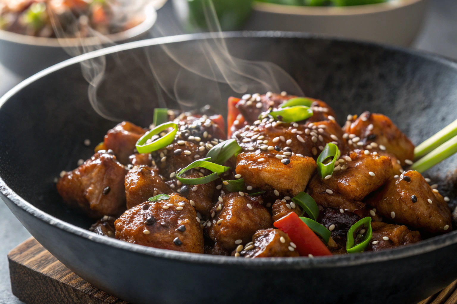 Black Pepper Chicken stir-fried in a wok with vibrant peppers