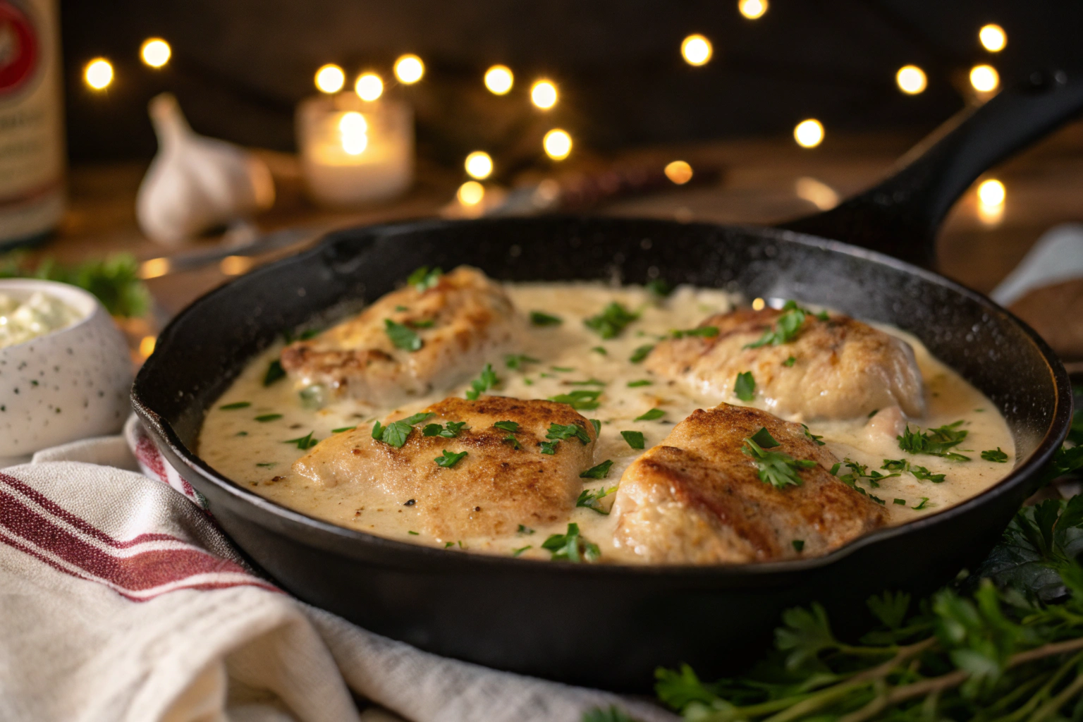 Creamy Garlic Chicken in a Skillet with Cream Sauce