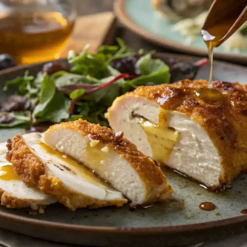Crispy hot honey feta chicken with melted cheese and glaze