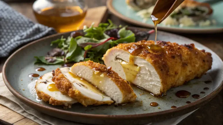 Crispy hot honey feta chicken with melted cheese and glaze