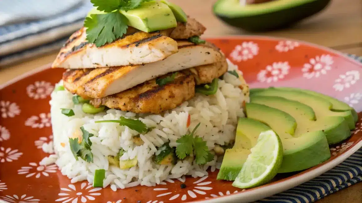 Honey Lime Chicken & Avocado Rice Stack on a plate with vibrant colors.