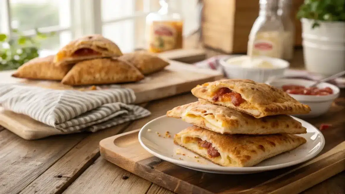 Golden homemade cheesy pizza pockets stacked on plate