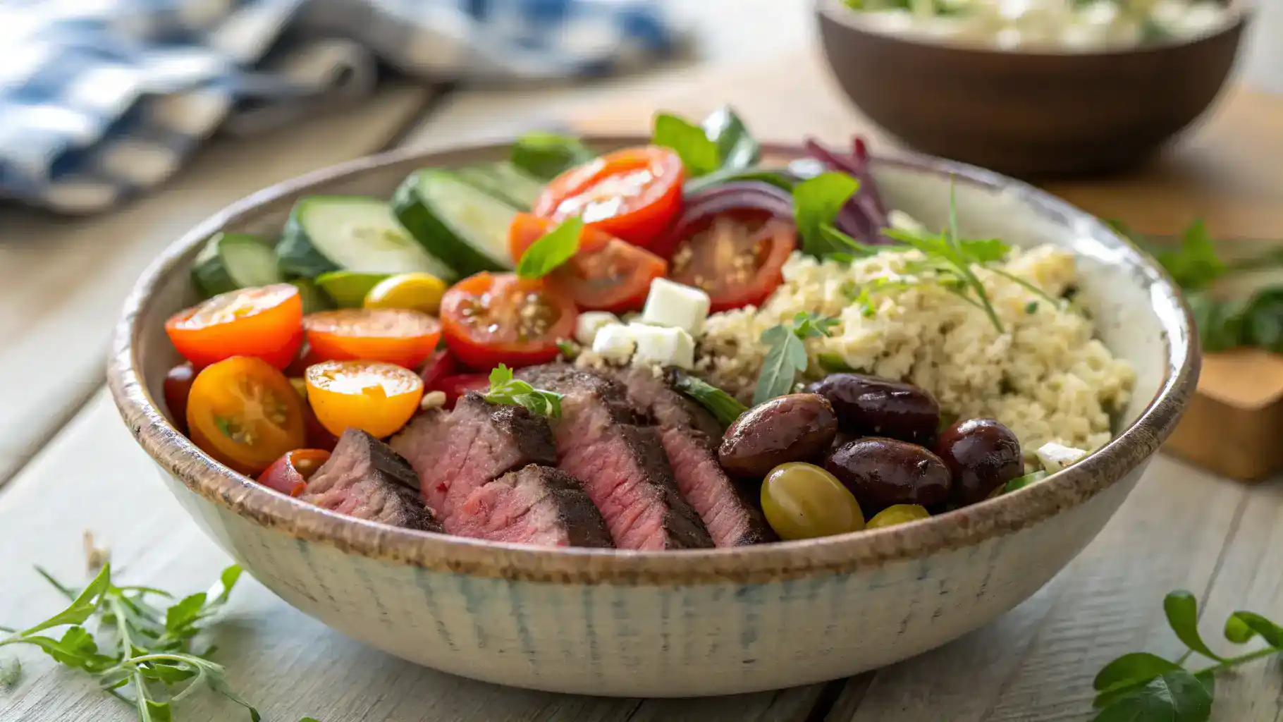 Mediterranean Steak Bowl with juicy steak and colorful toppings