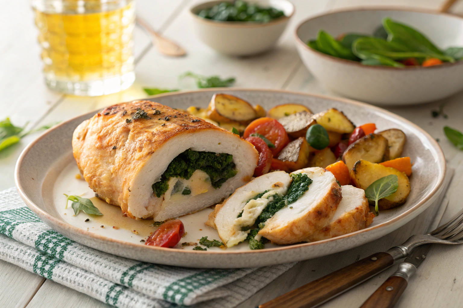 Spinach stuffed chicken breast with creamy filling on plate