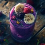 Creamy banana berry protein smoothie topped with fresh fruit