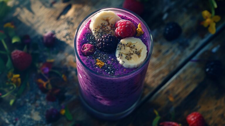 Creamy banana berry protein smoothie topped with fresh fruit