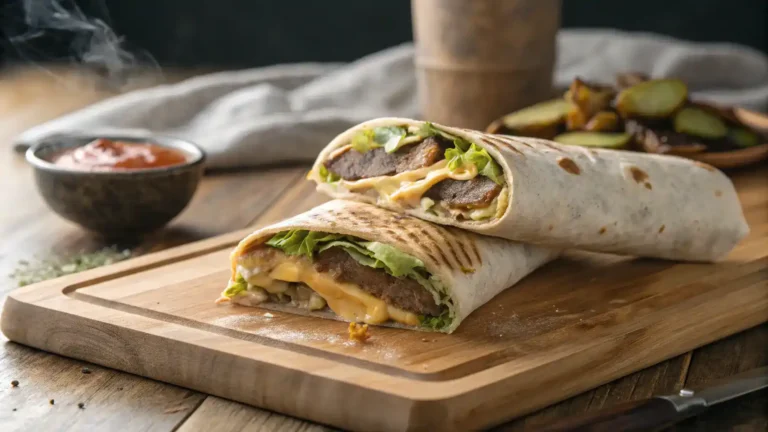 Big Mac Wrap sliced open on a cutting board showing fillings